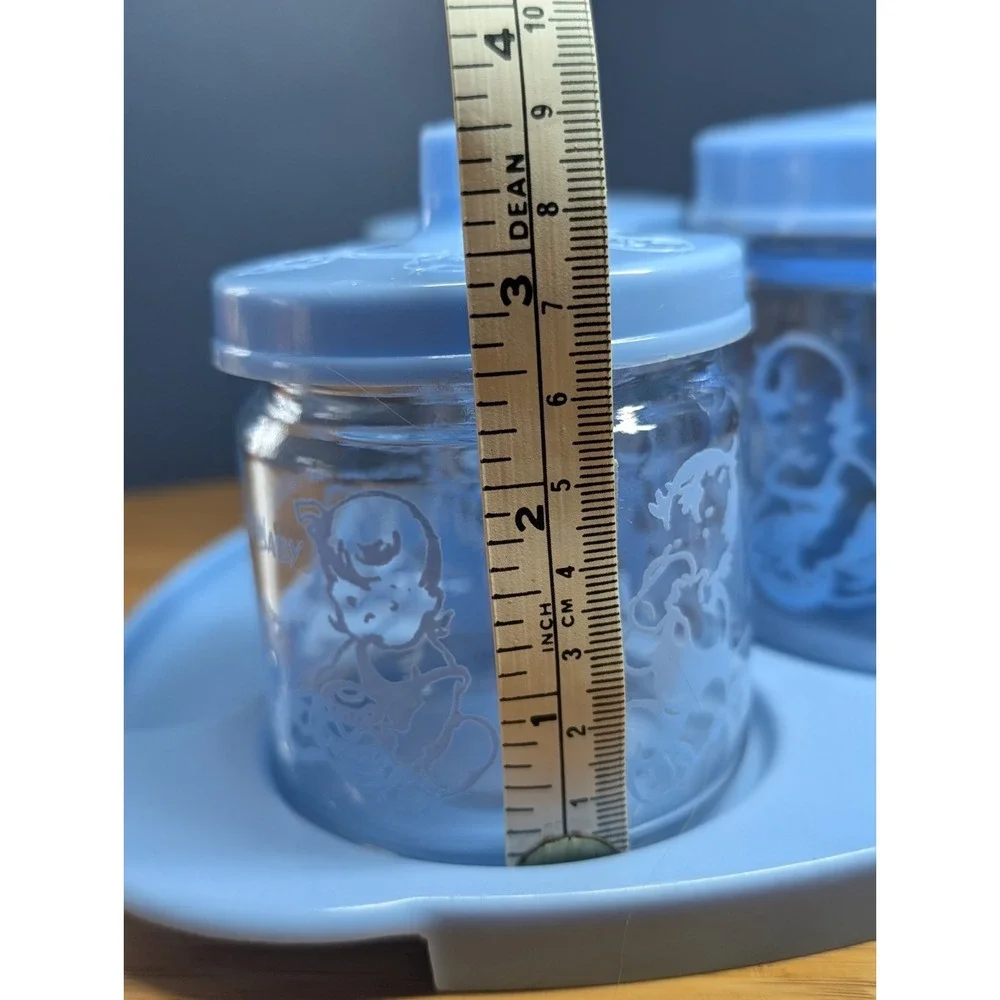 Vintage Baby Nursery BLUE Vanity Changing Table Glass Jar Set W/Tray Lids 1950s